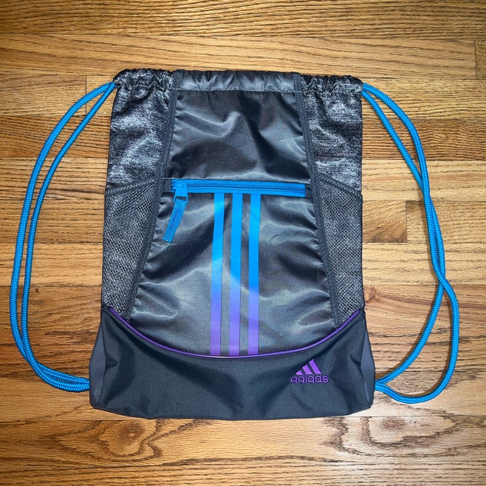 Adidas Gray, Blue, and Purple Drawstring Bag